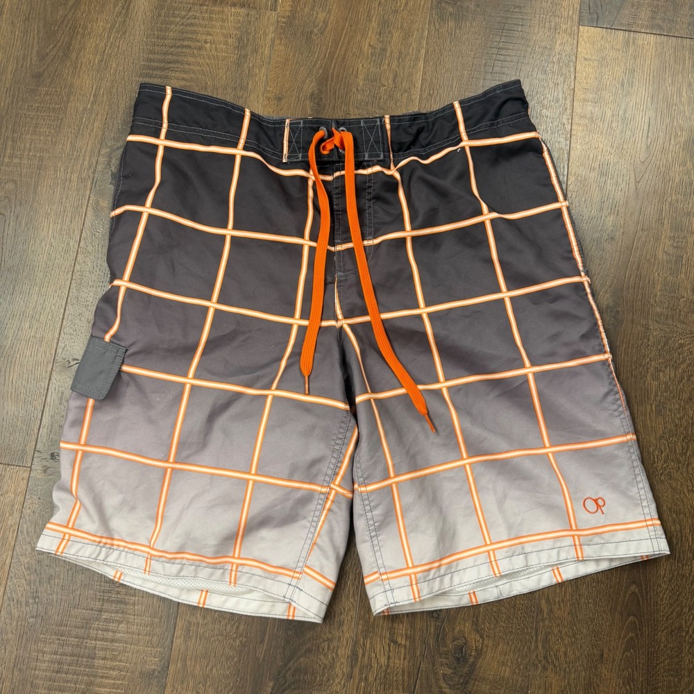 Ocean Pacific OP Mens L 36-38 Gray Orange Plaid Skate Board Shorts Swim Surf